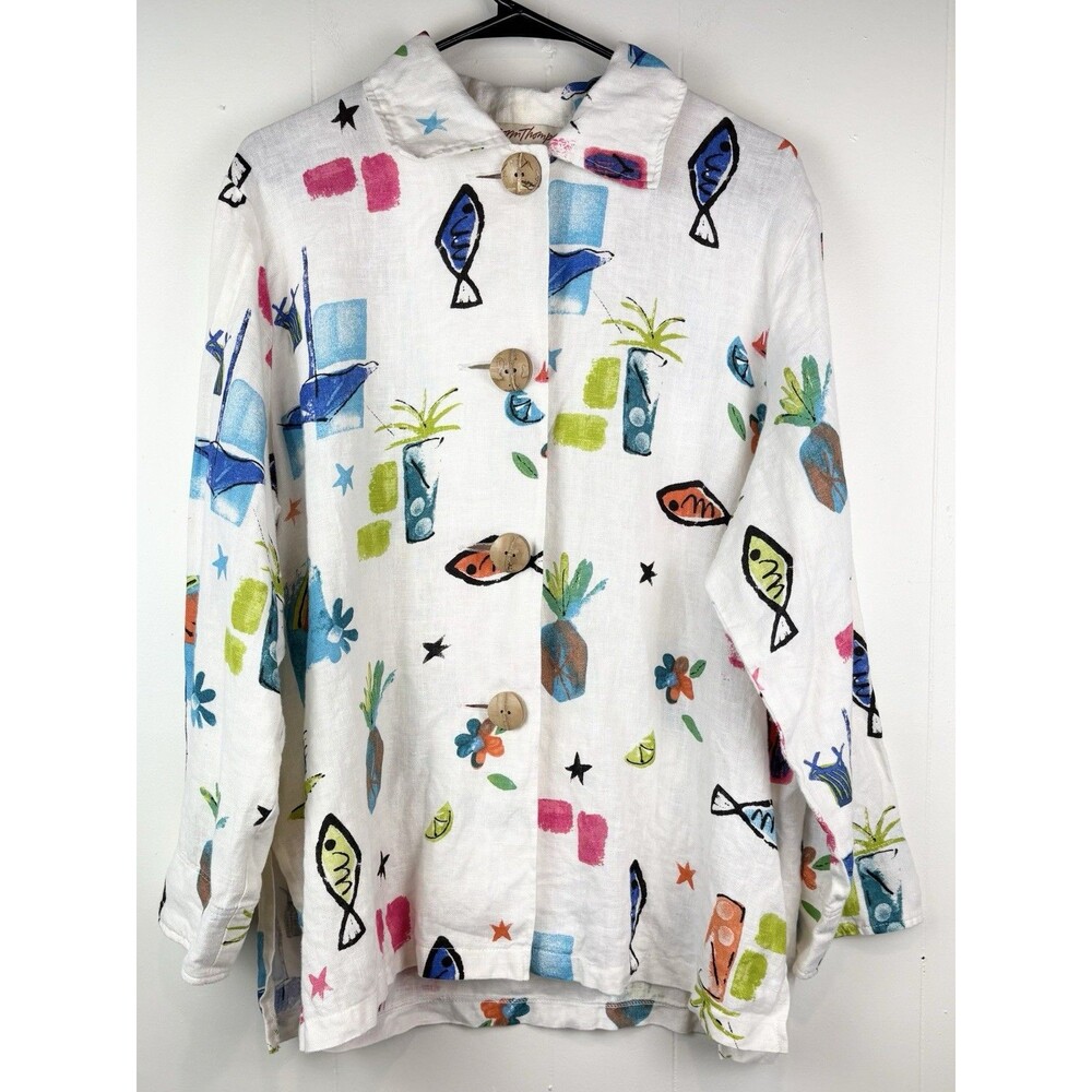 Womens 100% Linen Blouse XL Artsy Fish Tropical Beach Novelty Norm Thompson